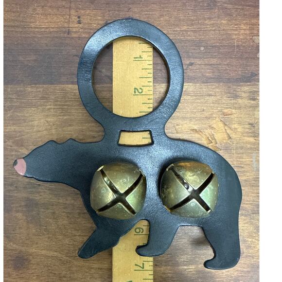 Leather Black Bear With Jingling Bell's Door Bell Hanger Chime Made In USA - Picture 5 of 5